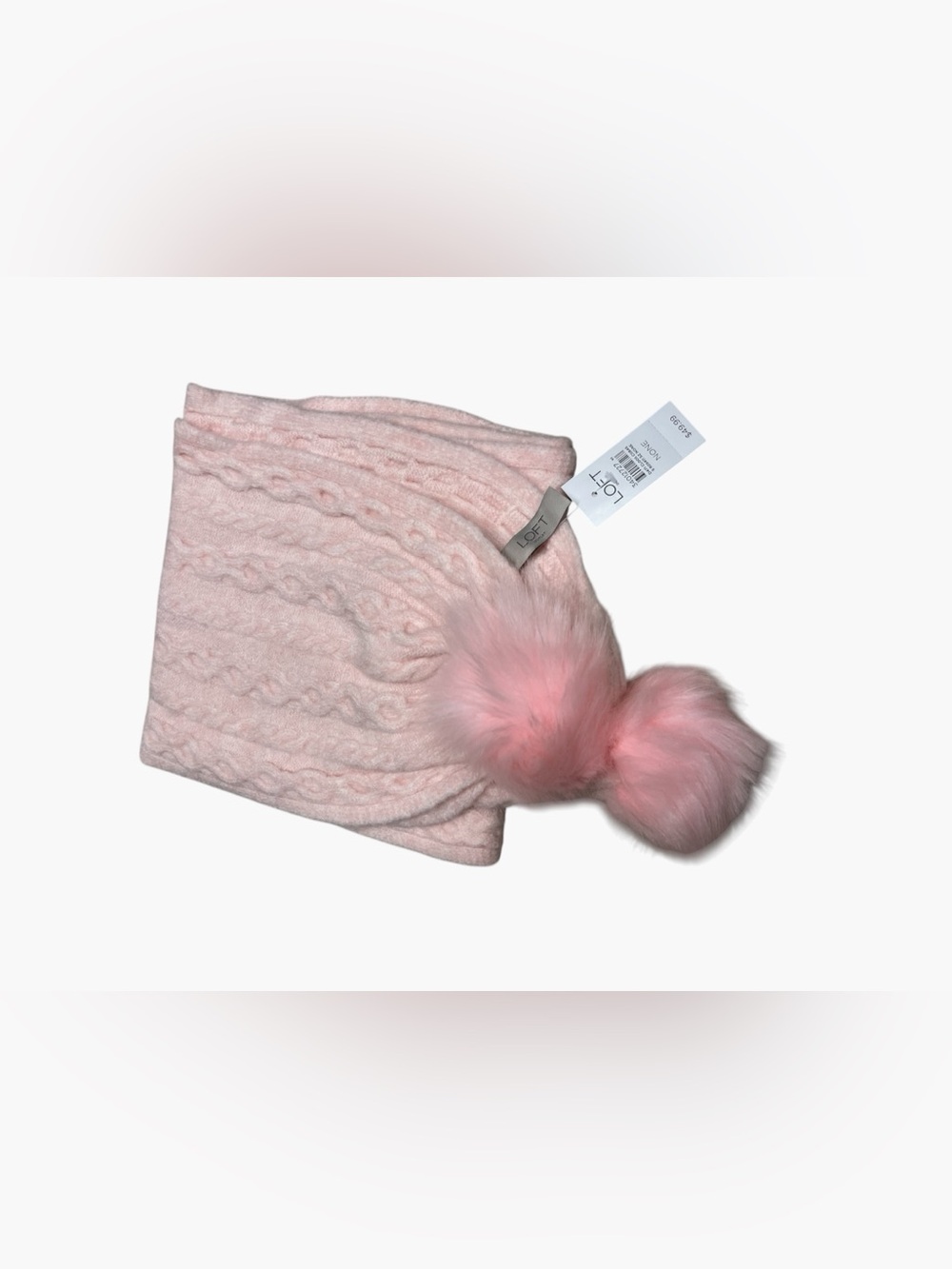 Brand New-LOFT Blush Pink Cable Knit Scarf w/Faux-Fur Poms